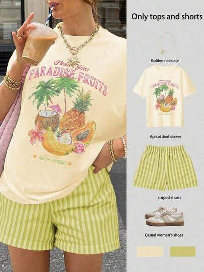 Graphic Tees2pcs Women Casual Printed Round Neck Short Sleeve Top And Striped Shorts Set100% Cott... | SHEIN