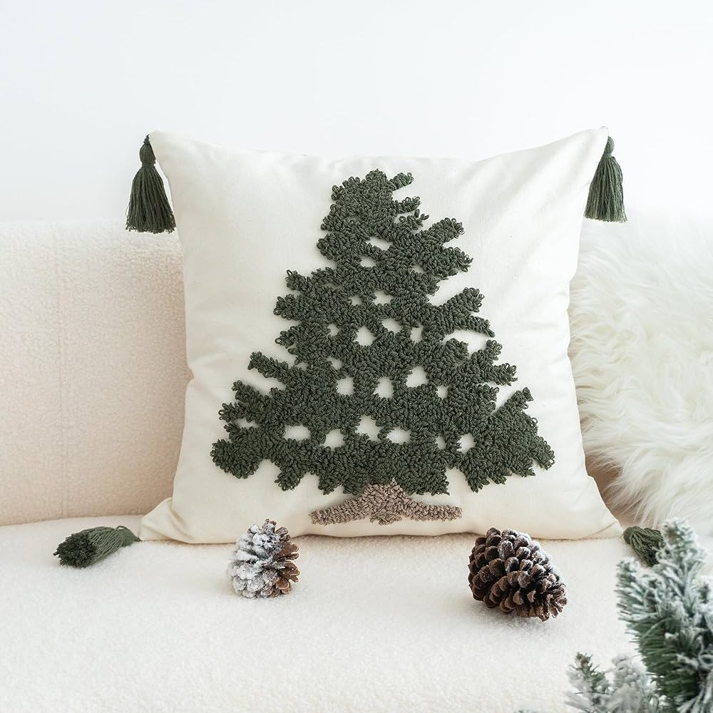 Green Tufted Christmas Tree Throw Pillow Cover, New Year Farmhouse Pillowcase with Tassels, Hand ... | Amazon (US)