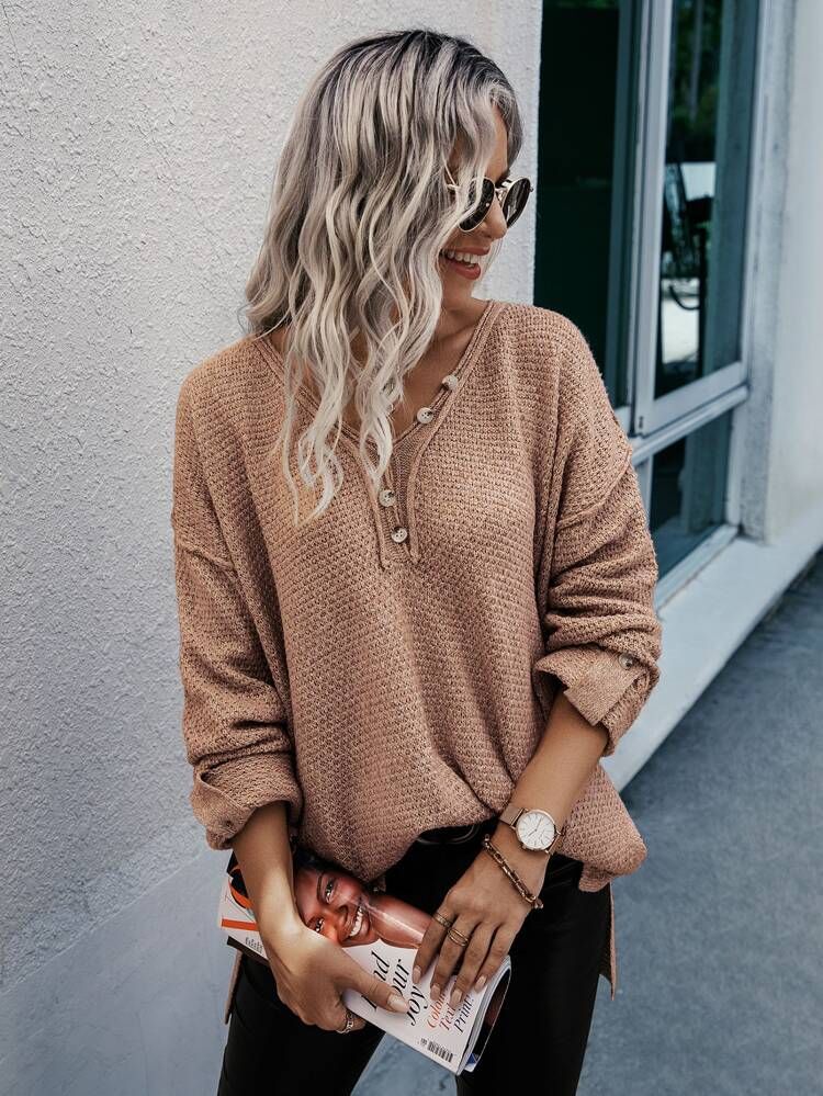 Solid Drop Shoulder Button Front Sweater | SHEIN