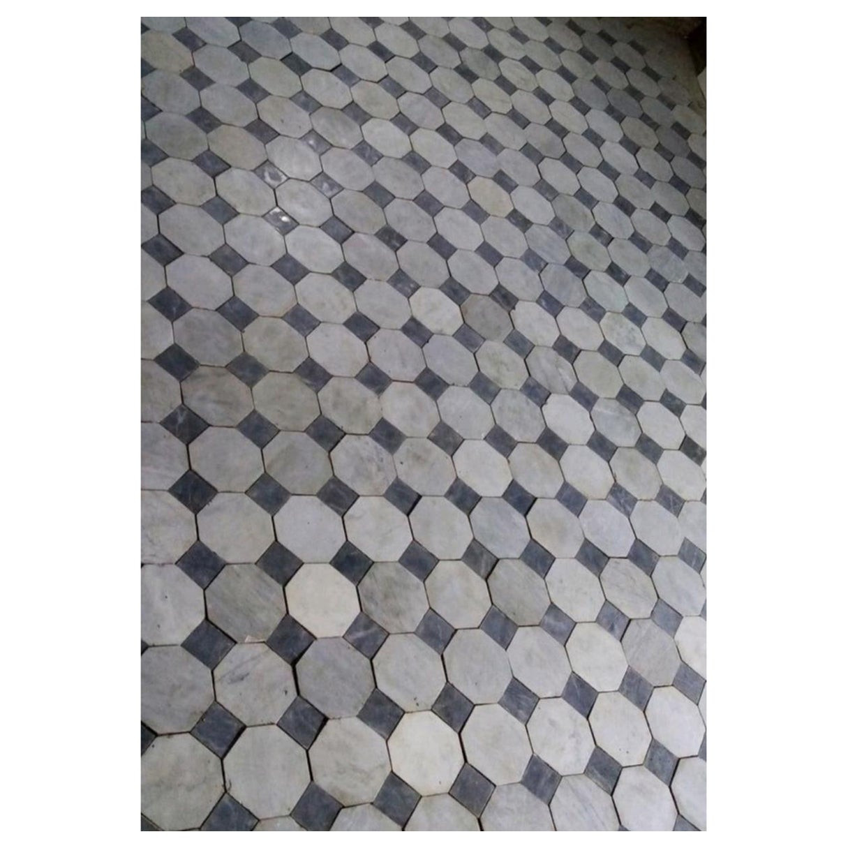 Rare Reclaimed Carrara Nero/Bianco Octagonal/Cabochon Marble Checkered Flooring | 1stDibs