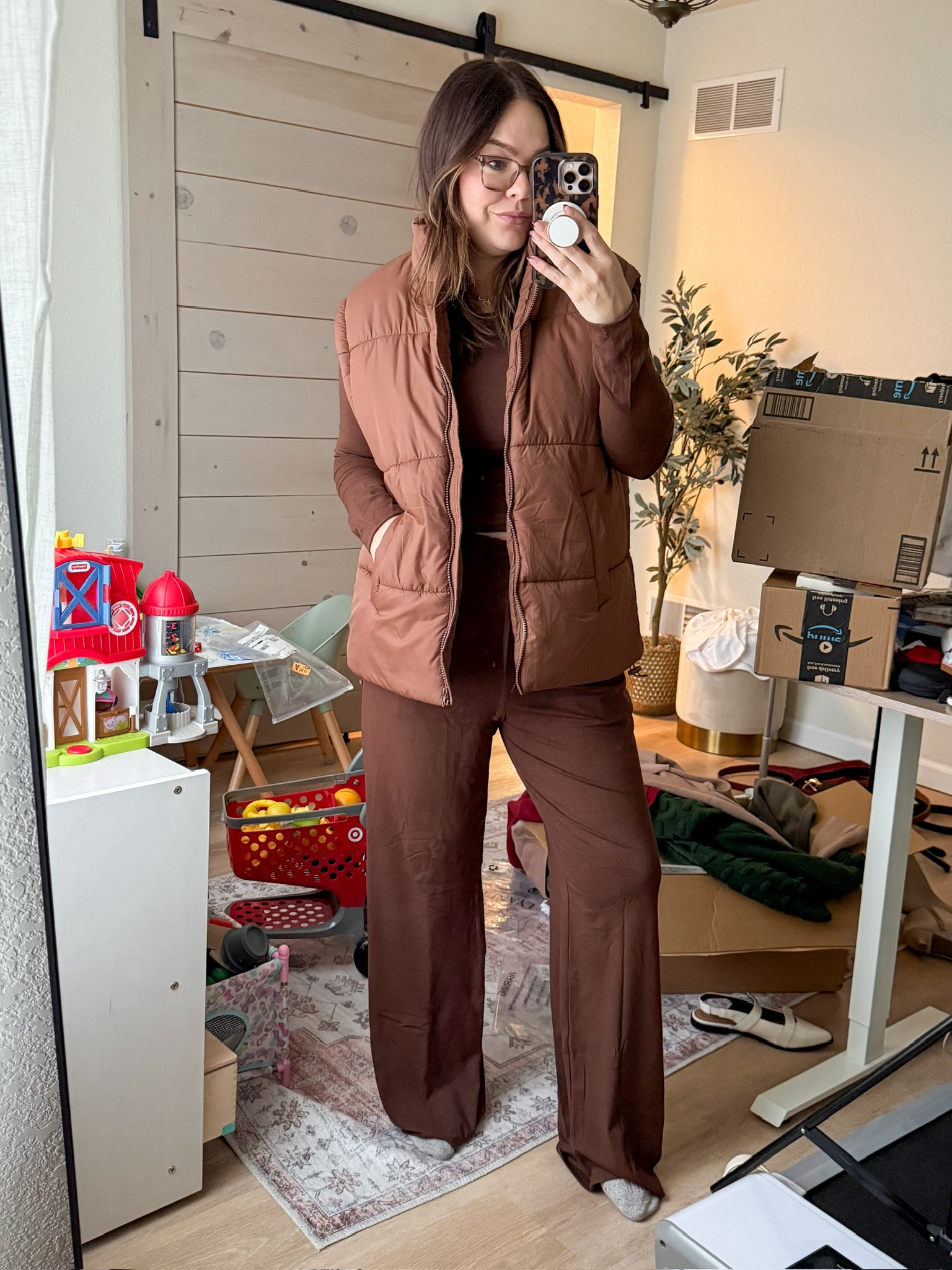 Brown matching set with brown puffer vest // wearing true to size in all / winter lounge outfit / mom outfits / midsize mom style

#LTKStyleTip #LTKMidsize #LTKFindsUnder50