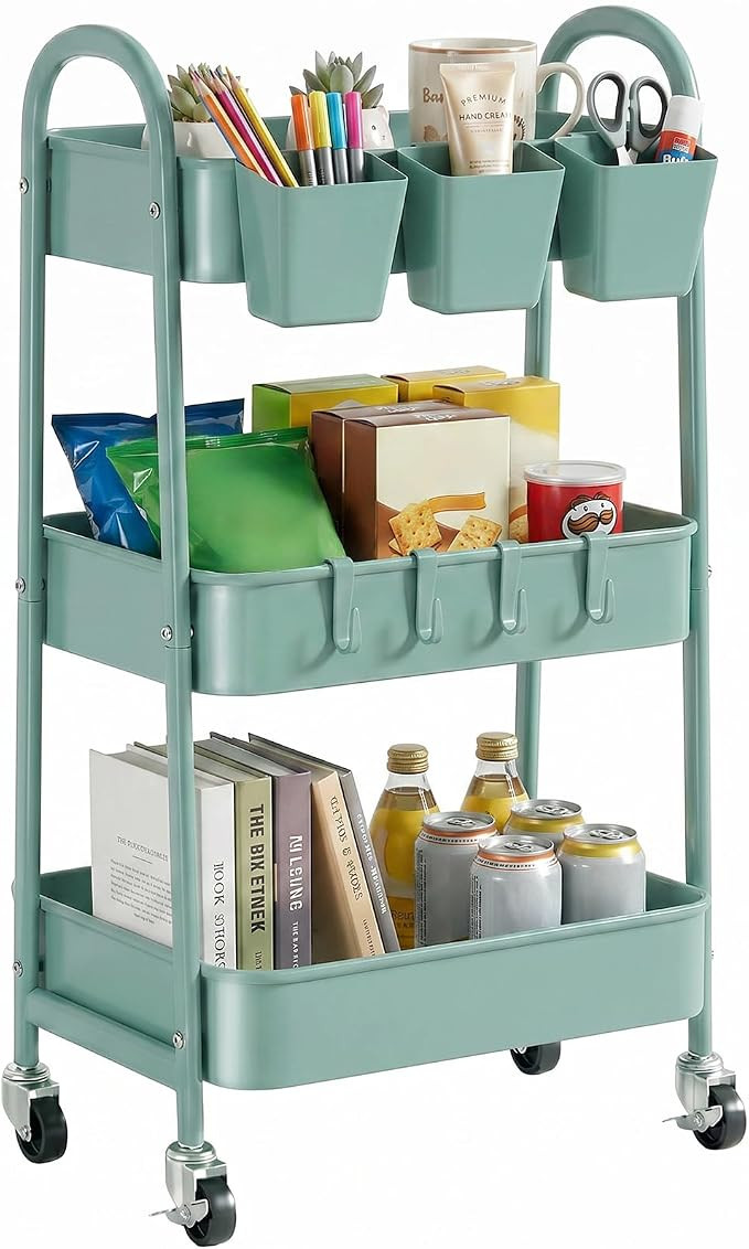 3-Tier Rolling Cart, Utility Cart Mobile Metal Rolling Storage Cart with Lockable Wheels & Hangin... | Amazon (US)