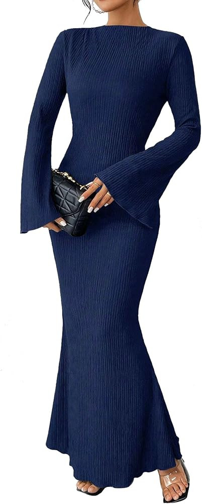 Narecte Women's Fall Maxi Dresses 2024 Boho Solid Color Mermaid Hem Flare Sleeve S-XL | Amazon (US)