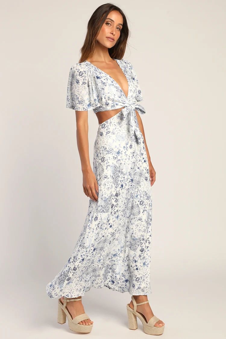 Stroll the Avenues White Floral Print Tie-Front Maxi Dress | Lulus