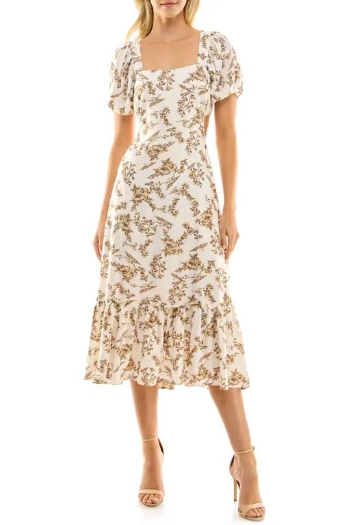 Socialite Cutout Puff Sleeve Midi Dress in Cream Brown Floral Dress Tan Dress Beige Dress | Nordstrom
