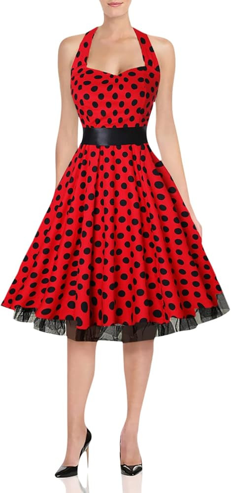 oten Women's Vintage Polka Dot Halter Dress 1950s Floral Spring Retro Rockabilly Cocktail Swing T... | Amazon (US)