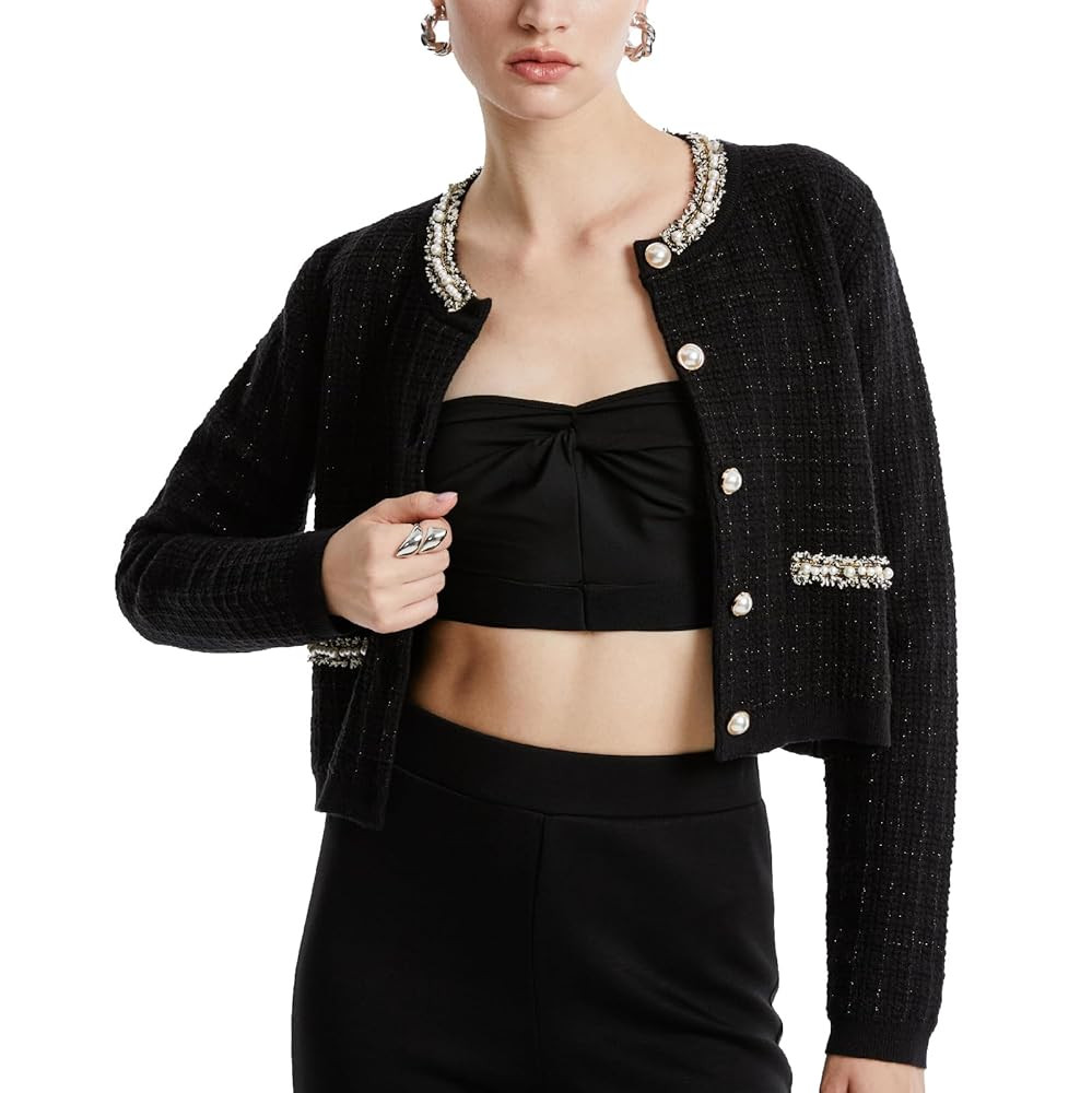 Womens Cropped Cardigan Sweaters Open Front Casual Long Sleeve Knit Pearl Button Down Crew Neck J... | Amazon (US)