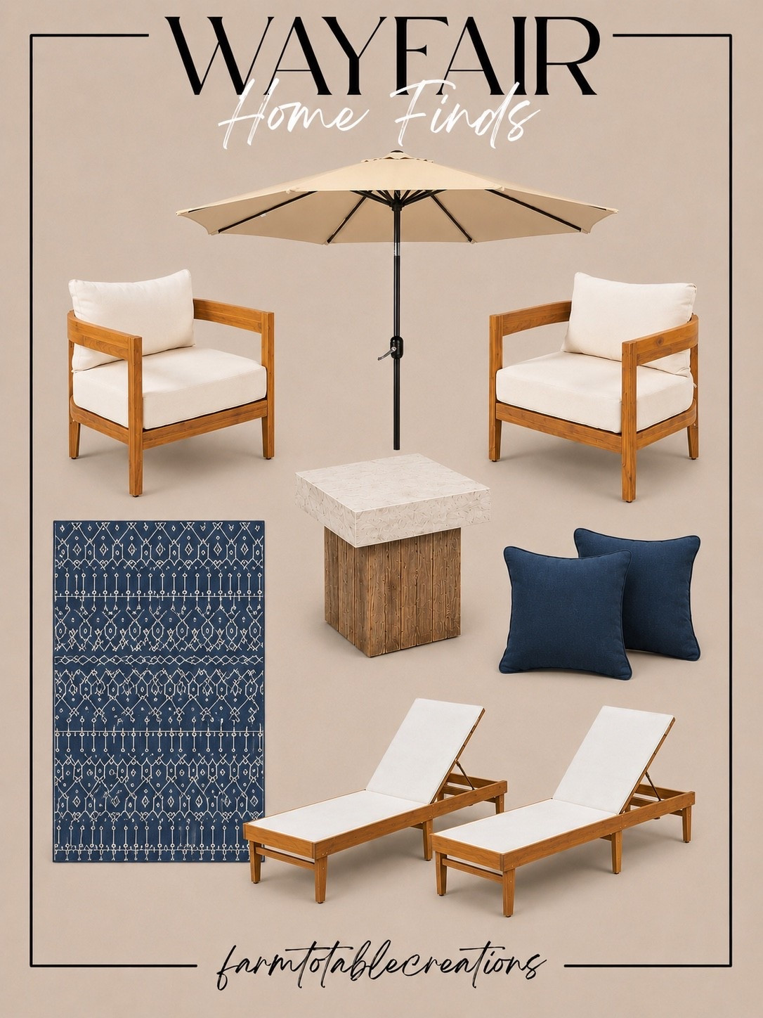 Luxury Outdoor Patio Finds from Wayfair That Look Designer for Less

Follow @farmtotablecreations on Instagram for more home decor finds, styling inspiration, and designer looks for less.

This outdoor collection looks straight out of a luxury resort. From the timeless teak-look lounge chairs and cozy accent chairs to the beautiful blue outdoor rug and classic umbrella, these pieces create a high-end backyard retreat without the designer price tag. Perfect for patios, poolside lounging, and summer entertaining.

#wayfair #outdoorfurniture #patiodecor #outdoorliving #loungers

outdoor furniture | patio furniture | wayfair finds | outdoor chairs | patio umbrella | outdoor rug | blue outdoor rug | chaise loungers | patio styling | backyard inspiration | poolside decor | outdoor entertaining | resort style patio | luxury outdoor living | outdoor refresh | patio makeover | outdoor seating | accent chairs | side table | backyard oasis | summer patio | deck decor | outdoor decor | neutral outdoor furniture | affordable luxury

#LTKHome #LTKSaleAlert #LTKSeasonal