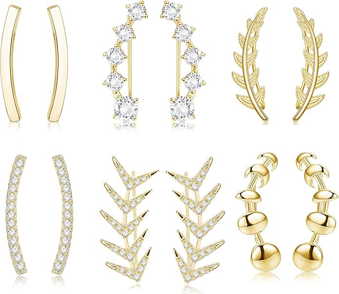 LOYALLOOK 6 Pairs Ear Cuffs Hoop Climber Earrings for Women CZ Leaf Crawler Stud Earring Ball Arr... | Amazon (US)