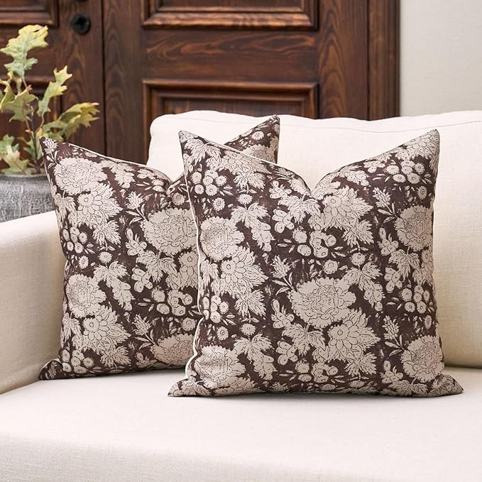 DOMVITUS Floral Pillow Covers 18x18 Set of 2, Vintage Block Print Pillow Covers Neutral Decorativ... | Amazon (US)