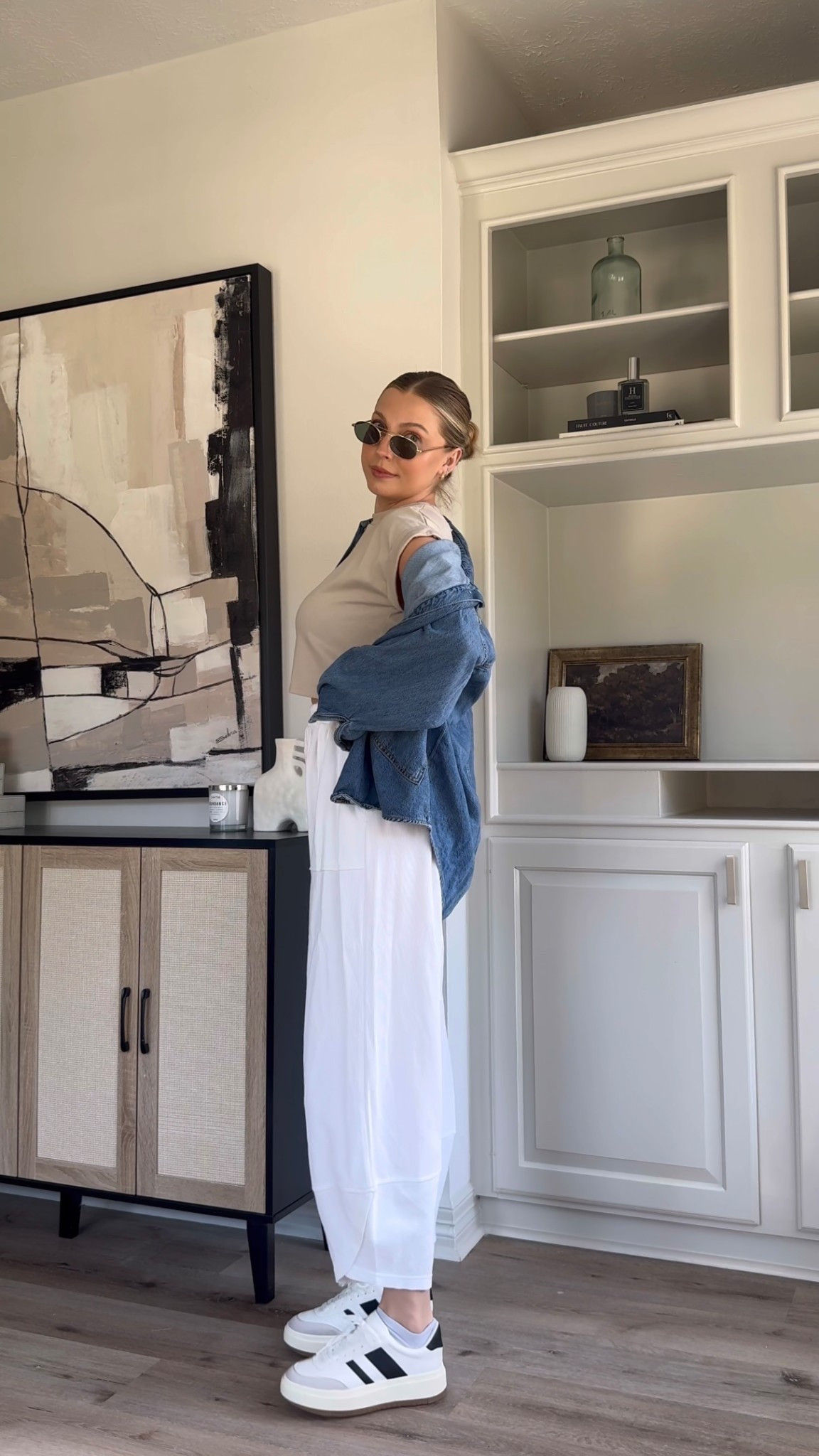 Casual summer outfit | Comfy outfit for running errands or work from home. Wore these white pants throughout pregnancy, so very bump friendly. Wearing M in pants, S in cropped and sneakers tts 

 #LTKFindsUnder50