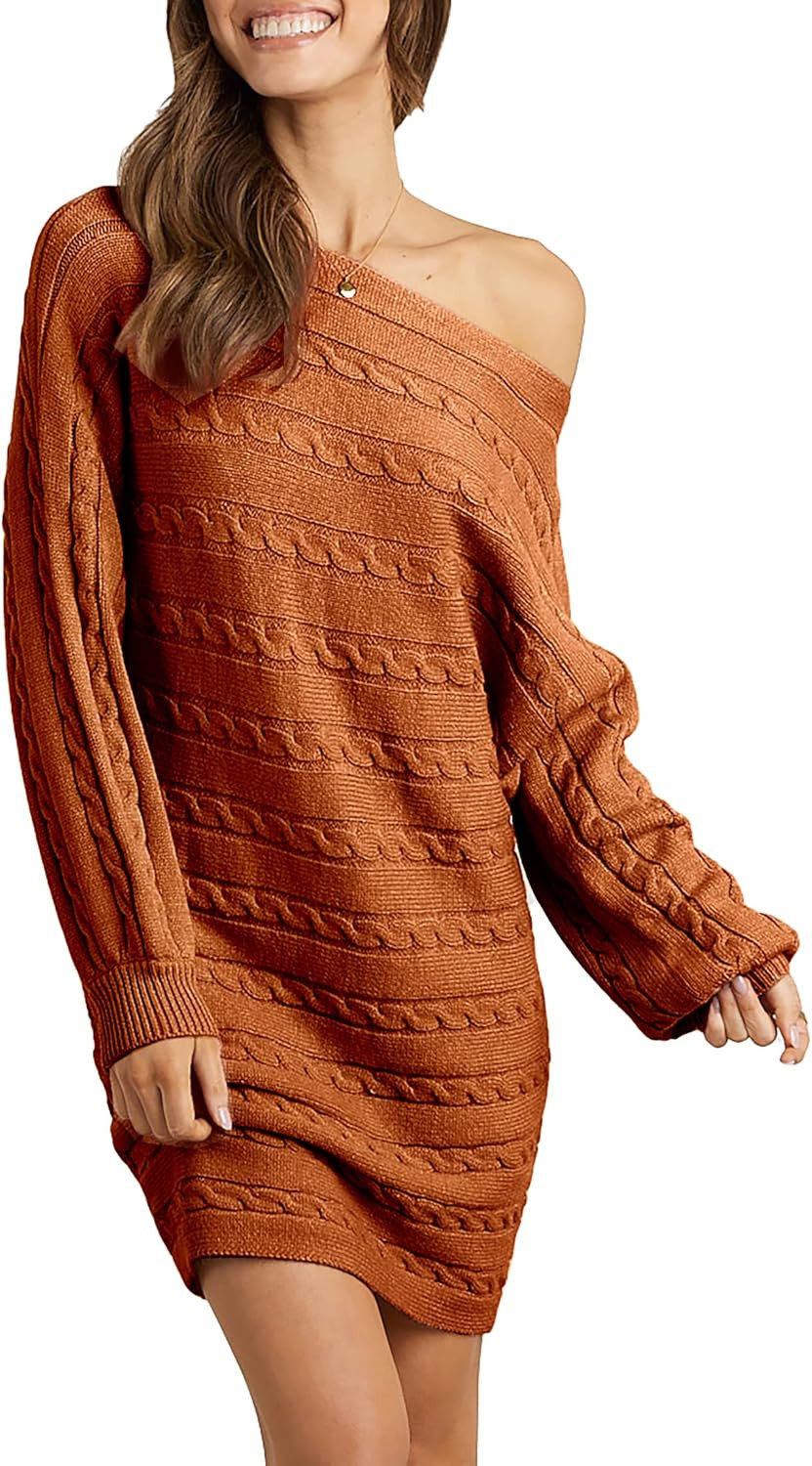KIRUNDO Women’s 2022 Fall Winter Off Shoulder Sweater Dress Cable Knit Long Sleeve Casual Loose... | Amazon (US)