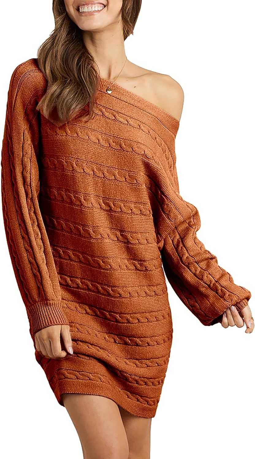 KIRUNDO Women’s 2022 Fall Winter Off Shoulder Sweater Dress Cable Knit Long Sleeve Casual Loose... | Amazon (US)