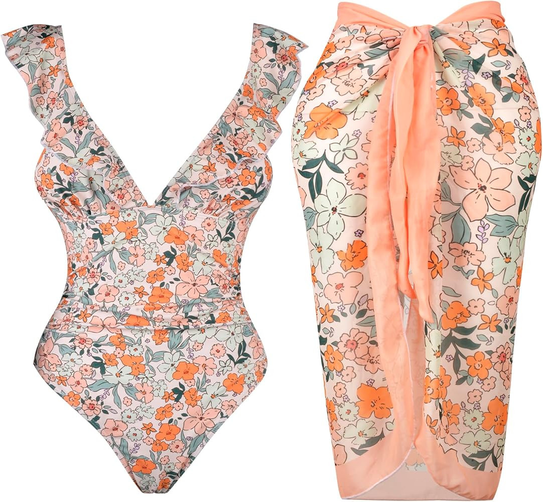 Women's One Piece Swimsuit with Cover Up Wrap Skirt, Floral Beach Swimsuit with Cover Up Set, Mon... | Amazon (US)