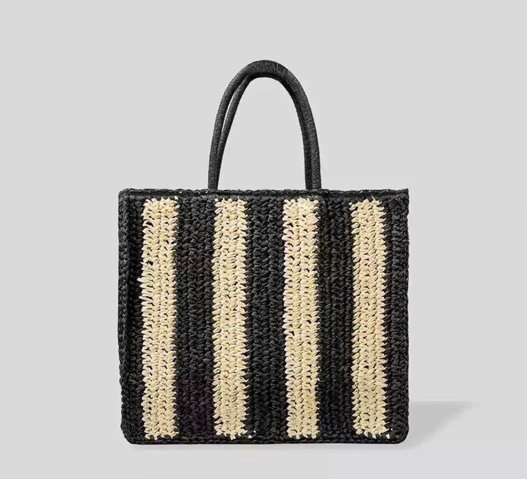 Black & White Beach Tote Bag Summer Vacation Straw Wicker - Etsy | Etsy (US)