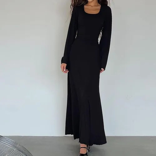Bilada - Long-Sleeve Square Neck Plain Maxi A-Line Dress | YesStyle Global