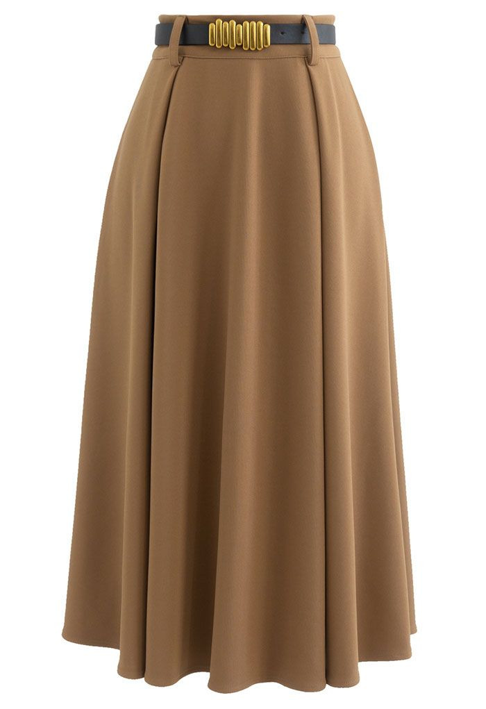 Versatile A-Line Belted Midi Skirt in Tan | Chicwish