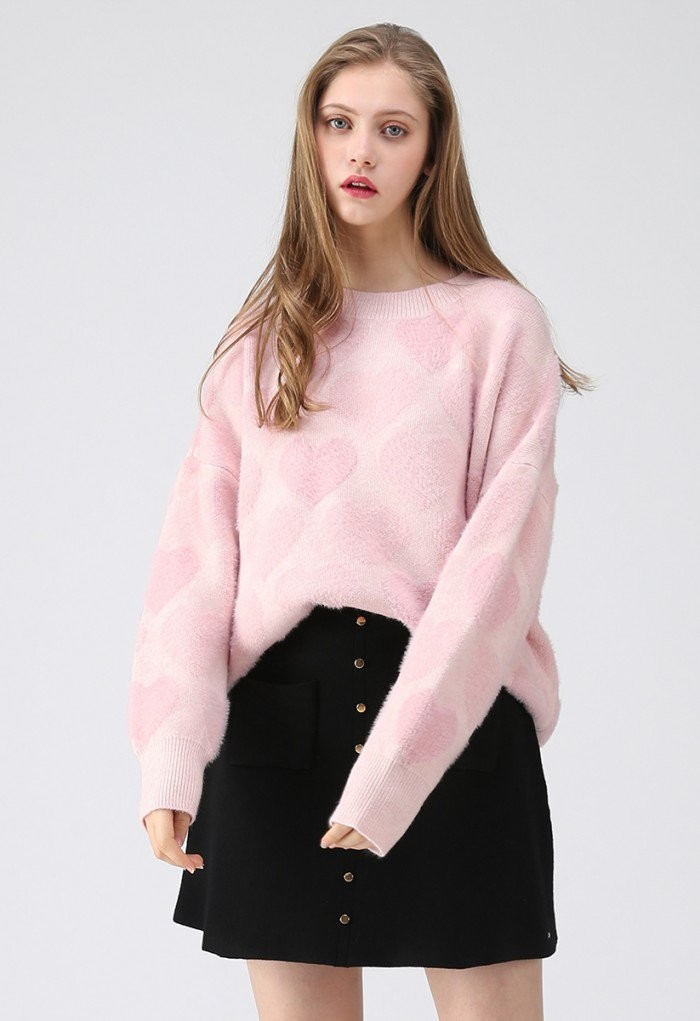 Fuzzy Hearts Knit Sweater in Pink | Chicwish