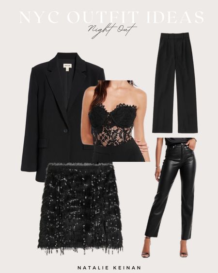 NYC night out outfit idea!! Black blazer. Sparkly mini skirt. Corset top. Leather pants. Black trousers

#LTKstyletip #LTKSeasonal #LTKCyberweek