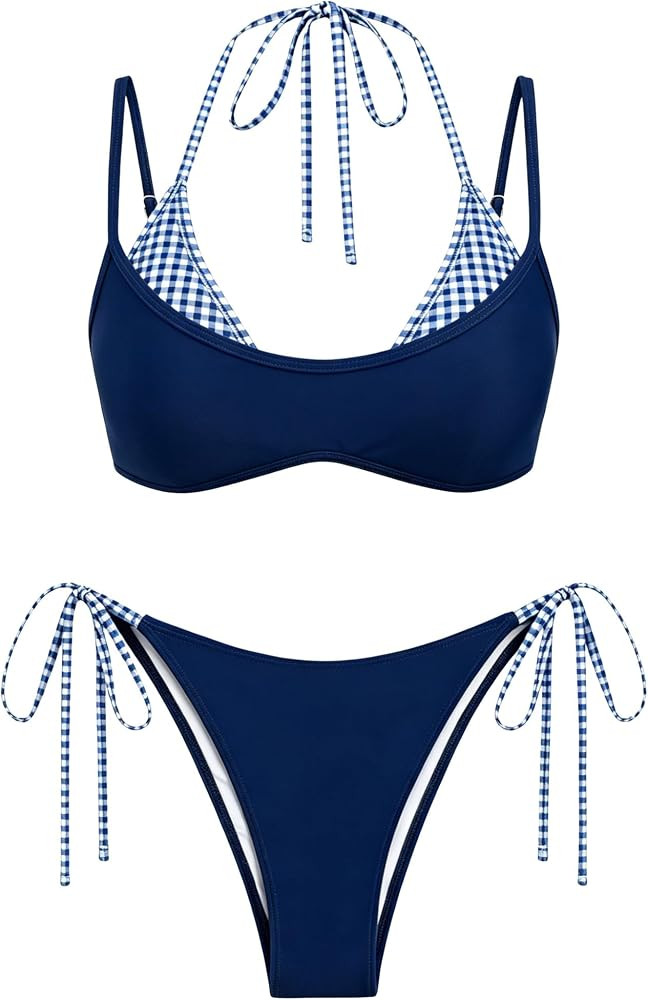 ZAFUL Women's Polka Dot Bikini Set Double Layer Halter Swimsuit Colorblock Side Tie 2 Piece Bathi... | Amazon (US)