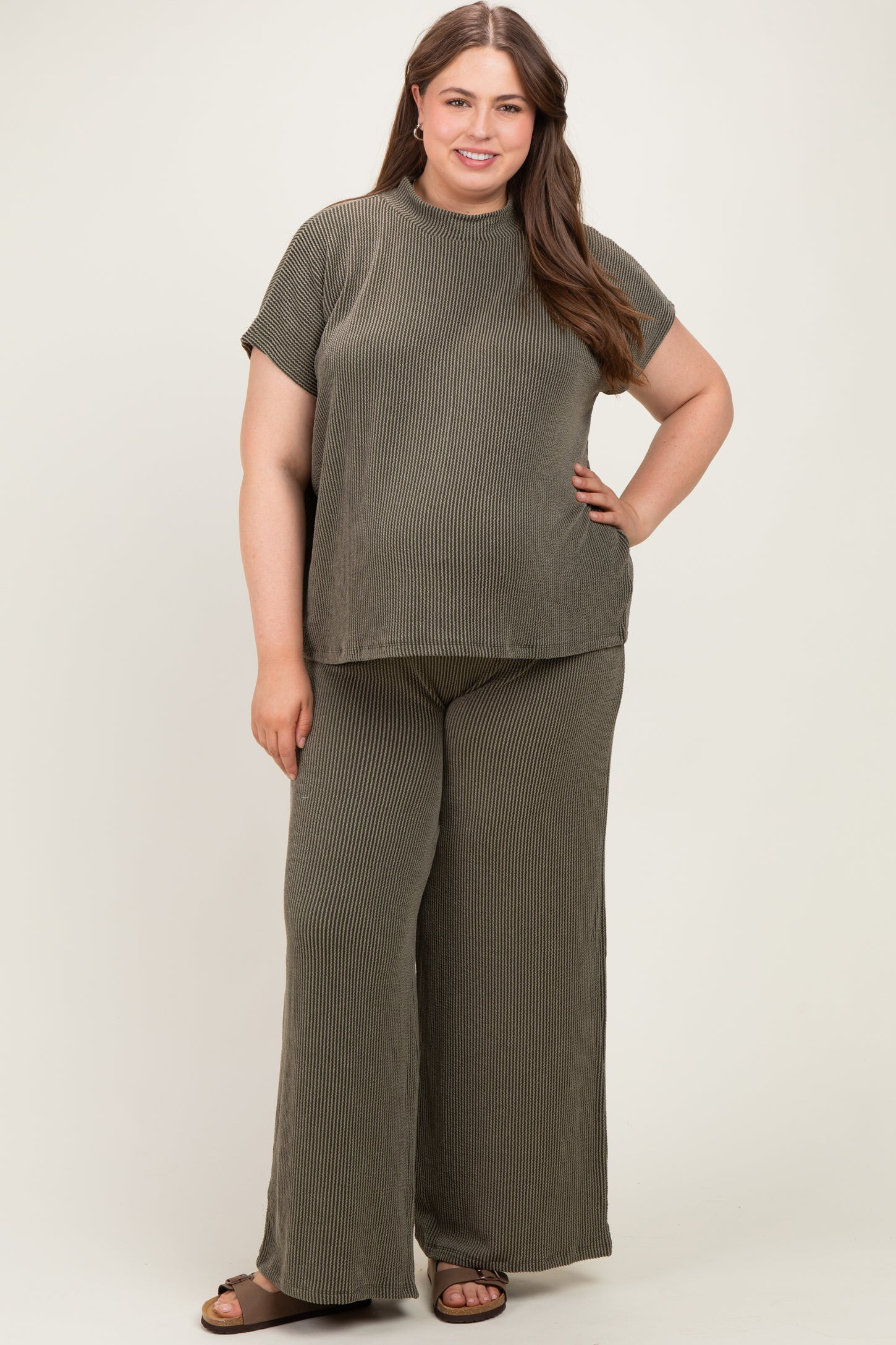 Olive Plus Raised Rib Short Sleeve Maternity Tee & Pants Set | PinkBlush Maternity