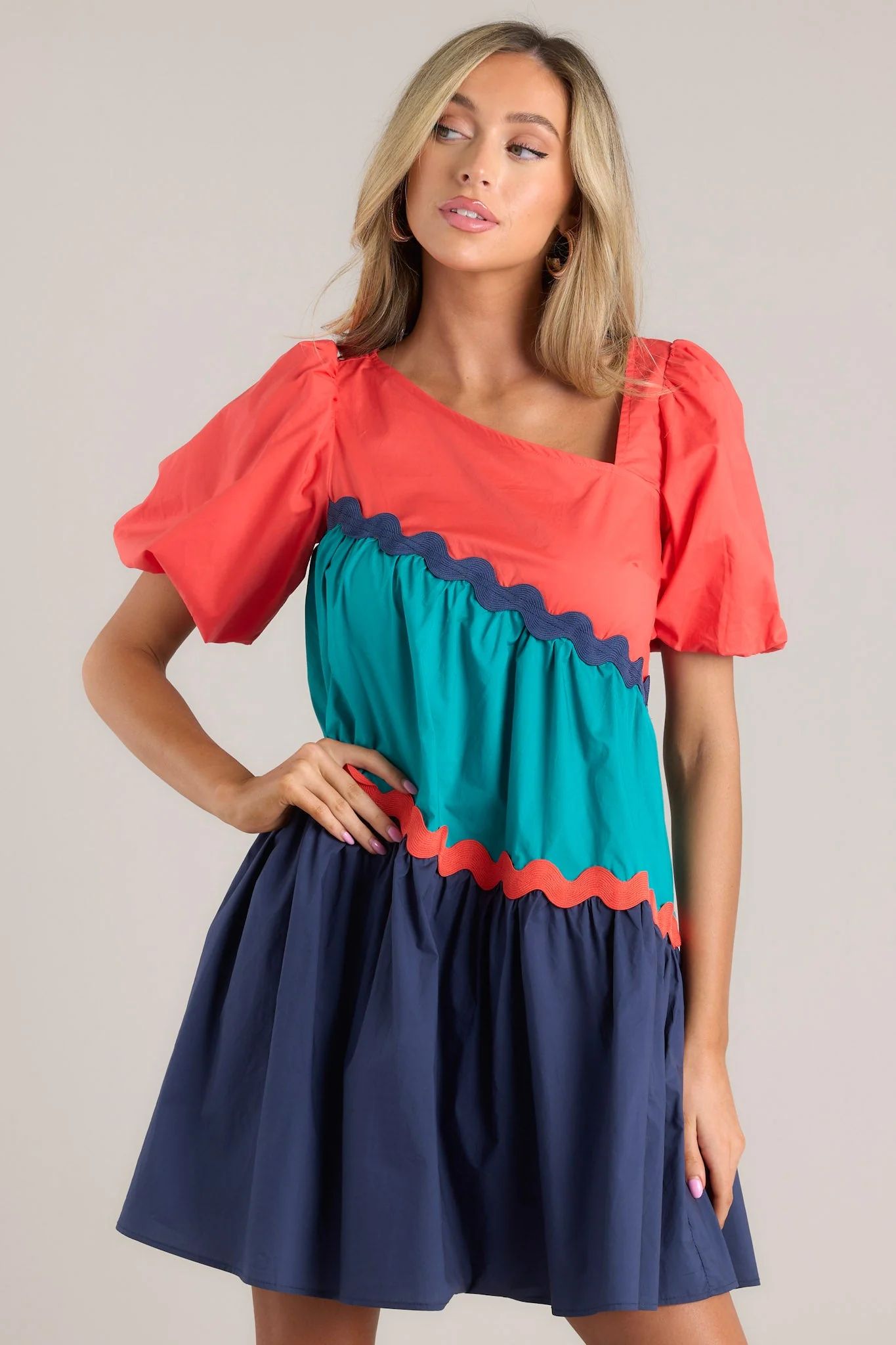 Everyone's Favorite Navy Multicolor Rickrack Mini Dress | Red Dress