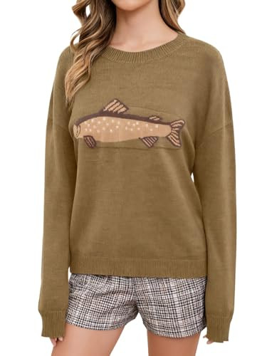 CHARTOU Women Fashion Crew Neck Rib Knit Crucian Carp Graphic Oversized Y2k Pullover Sweater Jump... | Amazon (US)