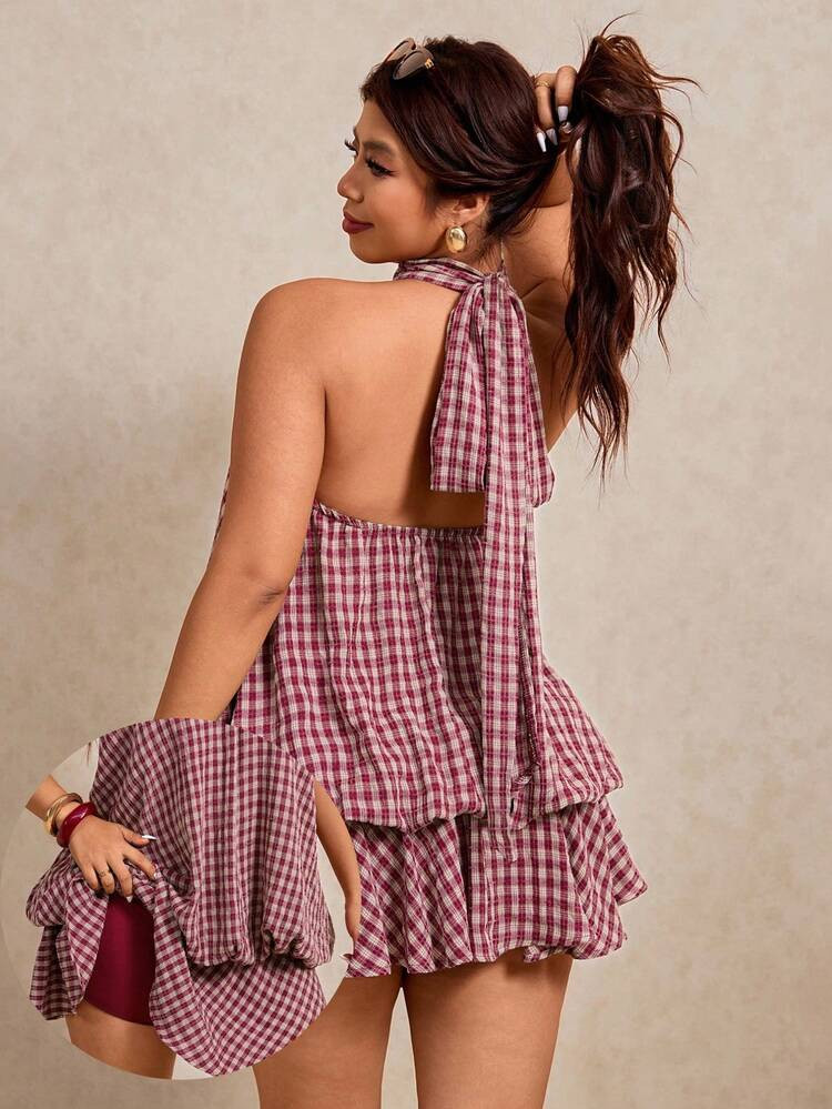 Elaquor Plus Size Women Plaid Halter Tie Neck Dress, Suitable For Dates And Gatherings Elegant Va... | SHEIN