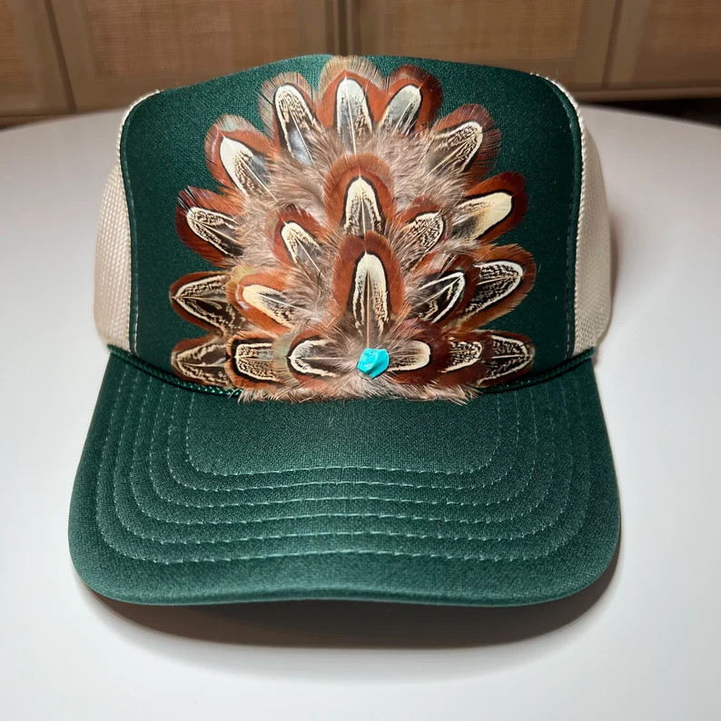 FEATHER Trucker Hat Cowgirl Western Rodeo Hat Two Tone Dark Green Khaki - Etsy | Etsy (US)
