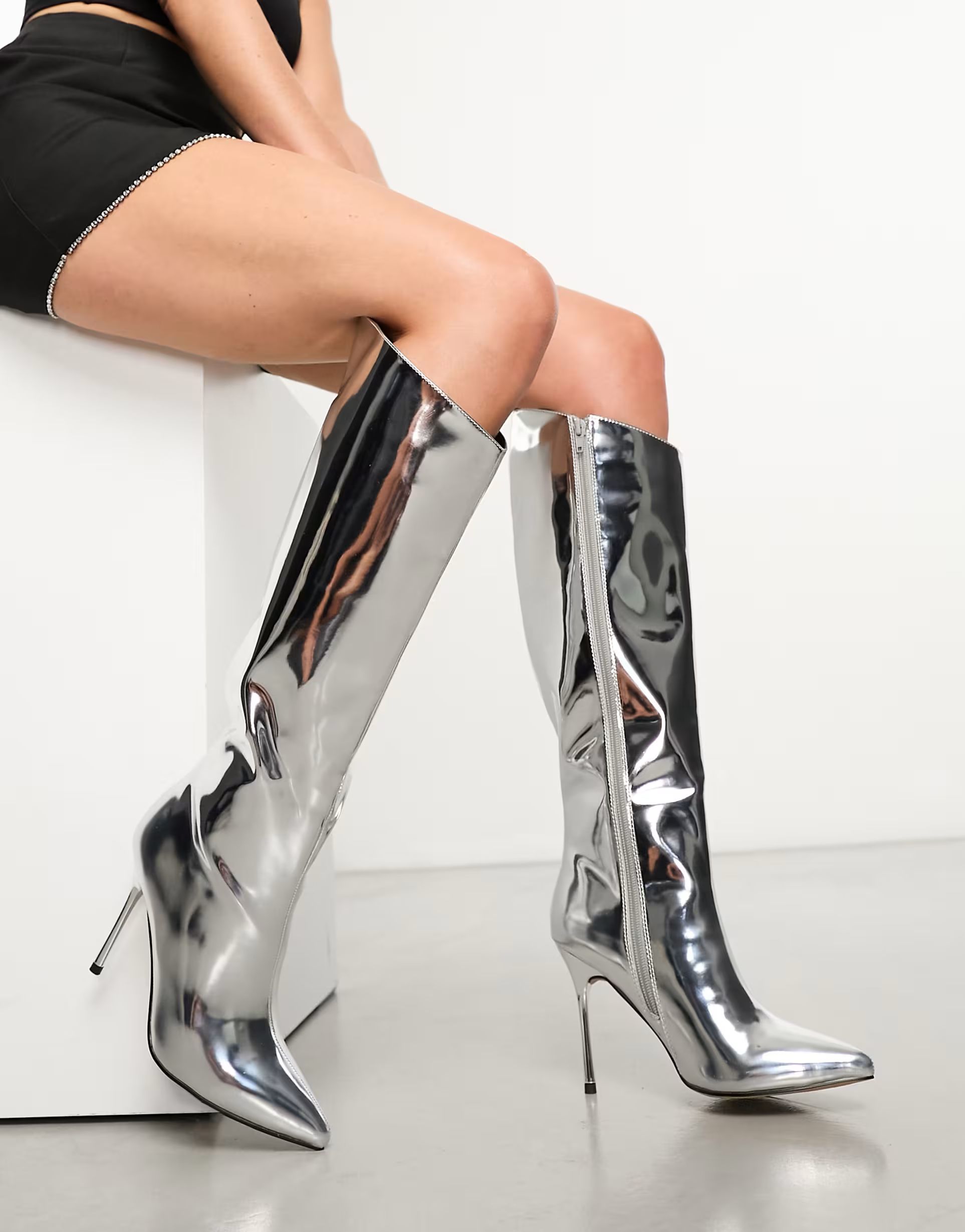 Public Desire Wide Fit Falcon mirrored knee boots in silver | ASOS (Global)