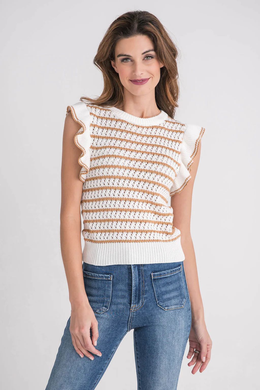 Lelis Round Neck Ruffle Sleeve Stripe Knit Top | Social Threads