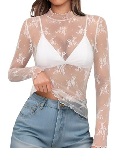 OFEEFAN White Lace Layering Tops for Women Elegant Dressy Tops Trendy Mesh Lace Undershirts White Leaf M | Amazon (US)