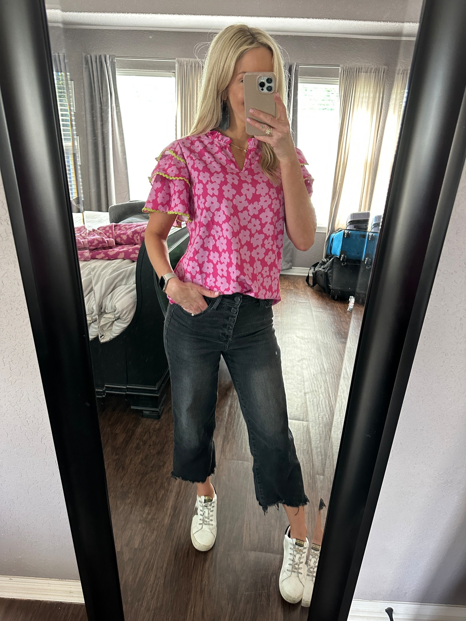 Perfect Spring Summer outfit 🌸Floral print top with tiered sleeves, love the lime green accents! Judy Blue button fly black denim with VH sneakers #teacherstyle #amazon #floraltop #springstyle #judyblue #vintagehavana #ltk 