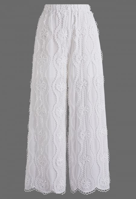 Rippled Daisy Lace Embroidery Cotton Palazzo Pants for Honeymoon Trips & Romantic Getaways | Chicwish