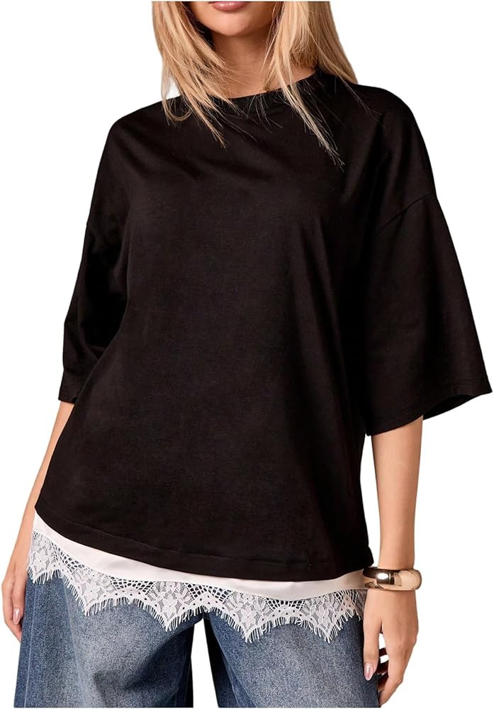 Verdusa Women's Lace Oversized Tshirts Half Sleeve Tops Casual Basic Tees | Amazon (US)