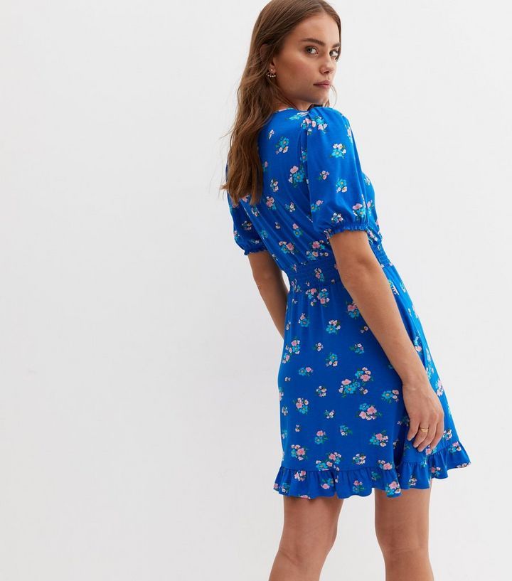 Blue Floral Short Sleeve Mini Wrap Dress | New Look | New Look (UK)