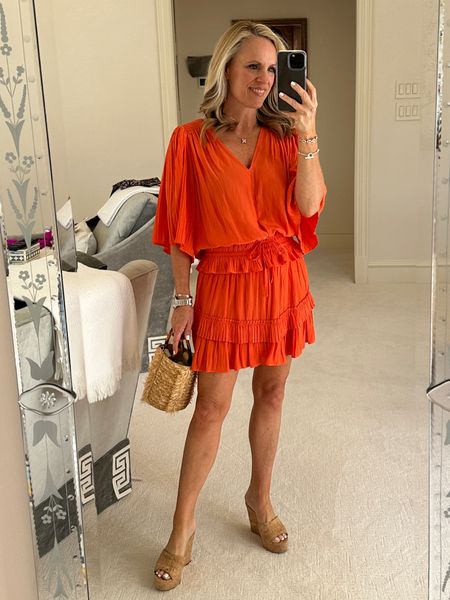 Nordstrom resort beach vacation look

Orange two piece skirt and top set
Basket tote handbag
Wedges 

#LTKstyletip #LTKFind #LTKSeasonal