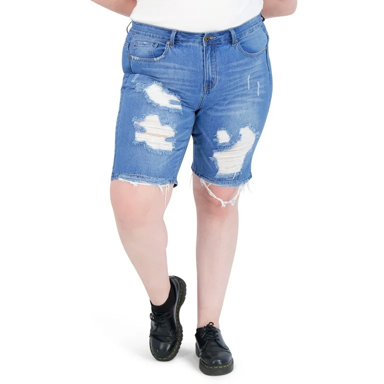 GoGo Jeans Juniors' Plus Size Mid Rise Push Up Dream Bermuda Shorts with Destructed | Walmart (US)