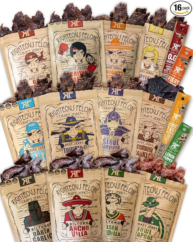Righteous Felon Beef Jerky & Meat Sticks Variety Pack | Gluten Free Beef Jerky Snack Packs | High... | Amazon (US)