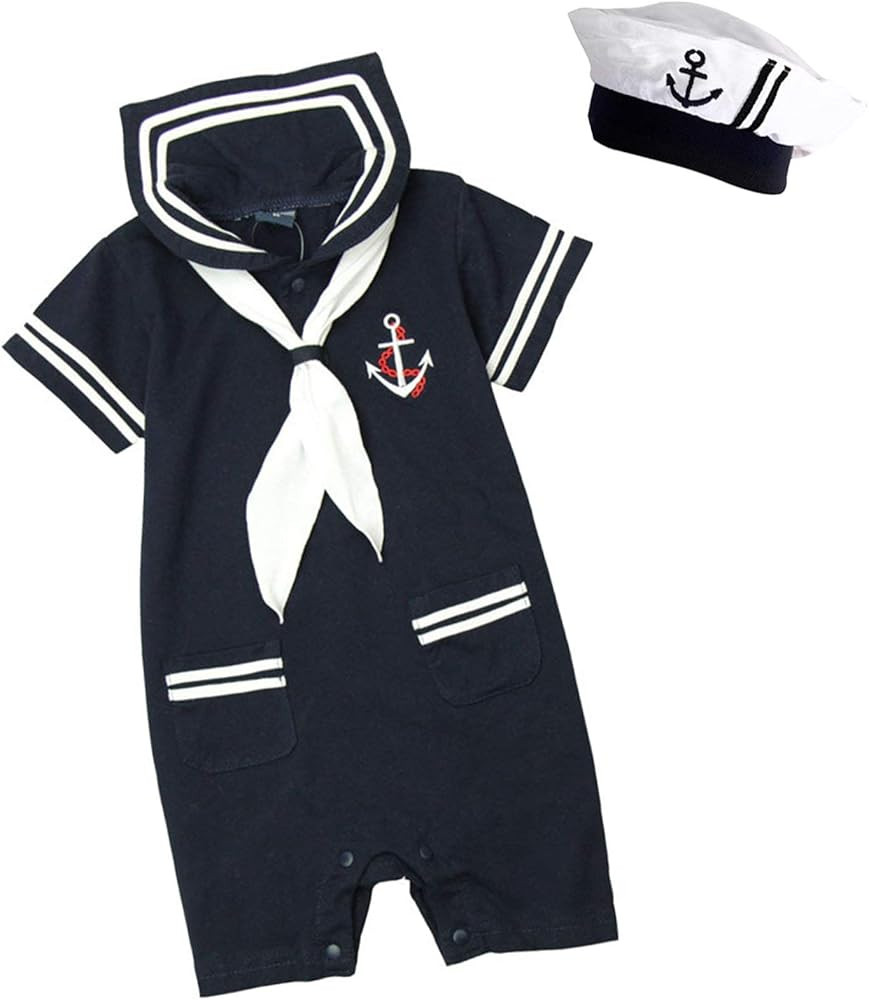 Bilo Baby Boy Marine Sailor Costume Short Sleeve Romper Onesie with Hat 2 Pcs Set | Amazon (US)