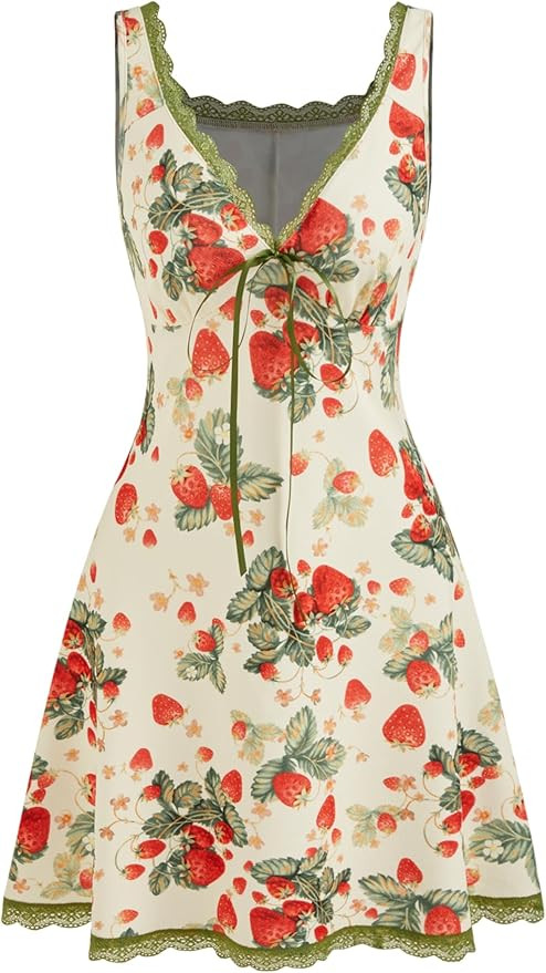 CIDER Summer Mini Dresses for Women Fruit Pattern Sweetheart Neck Sleeveless Sundress Knotted Tie... | Amazon (US)