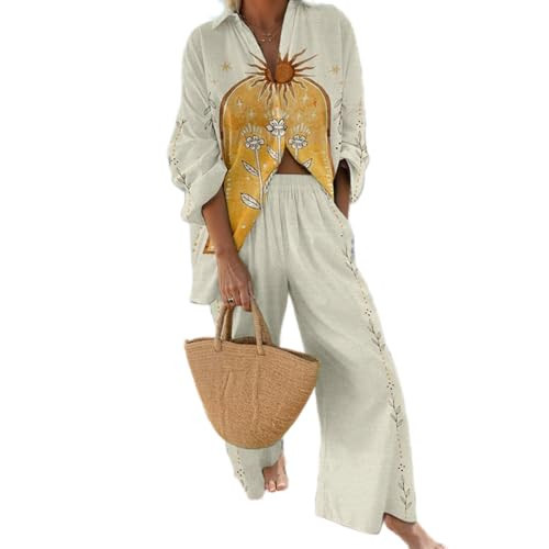 Akivide Women's 2 Piece Outfits Beach Vacation Sets Hawaiian Tropical Long Sleeve Button Down Shirts Elastic Waist Pants | Amazon (US)