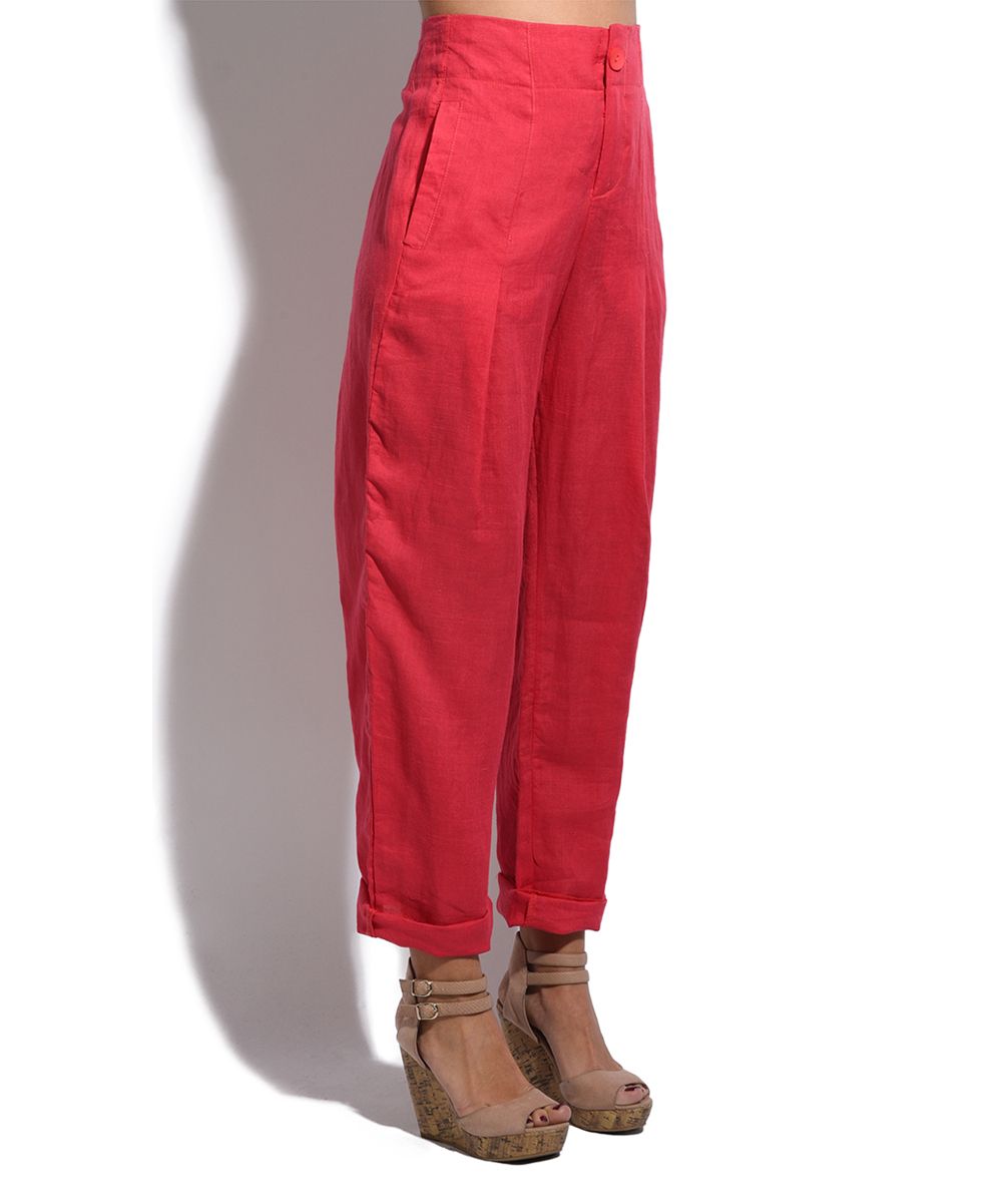 Bella Blue Women's Casual Pants raspberry - Raspberry Pink Linen Straight-Leg Pants - Women | Zulily