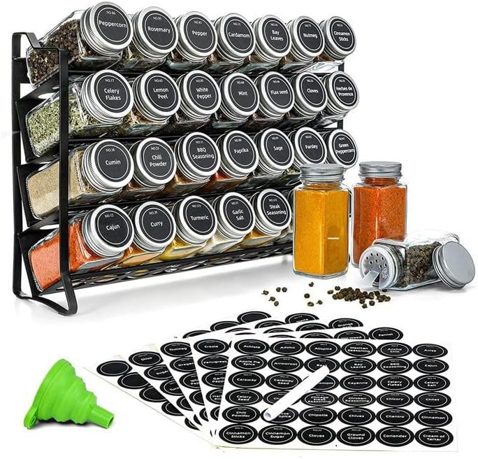 Spice Jar Rack Organizer for Cabinet! 28 Glass Jars with Black Lids! 4 Tier Seasoning Storage She... | Amazon (US)