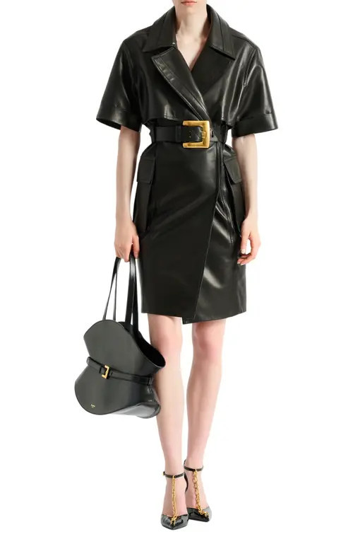 Balmain Belted lambskin leather dress in Black at Nordstrom, Size 40 Eu | Nordstrom