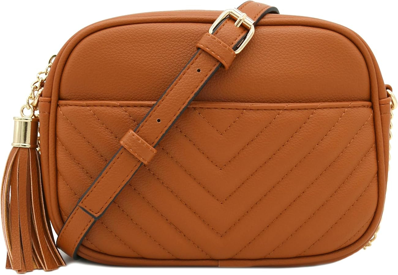 FashionPuzzle Chevron Quilted Crossbody Camera Bag with Chain Strap and Tassel | Amazon (US)