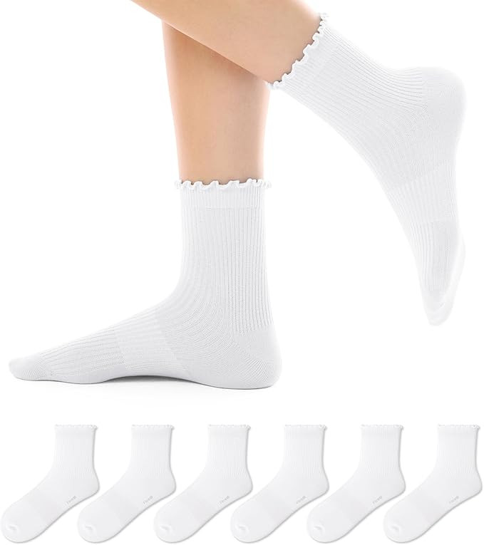 FITRELL 6 Pairs Ruffle Socks, Womens Soft Breathable Cute Lettuce Ankle Crew Frilly Socks | Amazon (US)