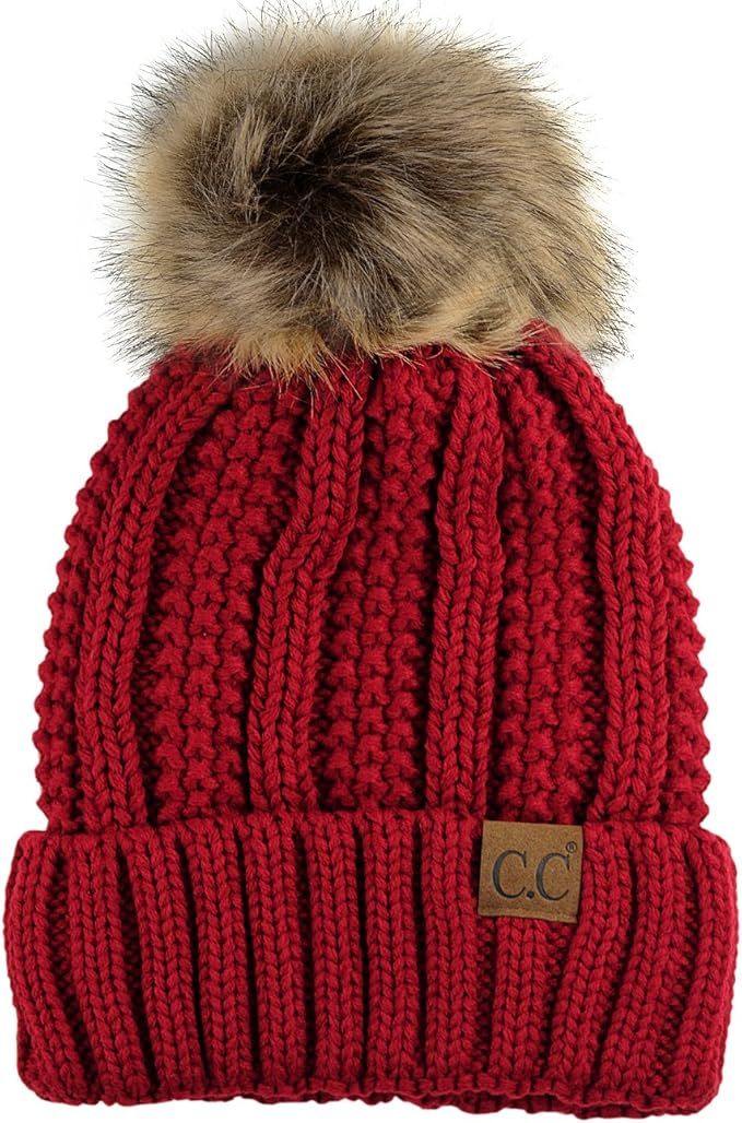 C.C Thick Cable Knit Faux Fuzzy Fur Pom Fleece Lined Skull Cap Cuff Beanie | Amazon (US)