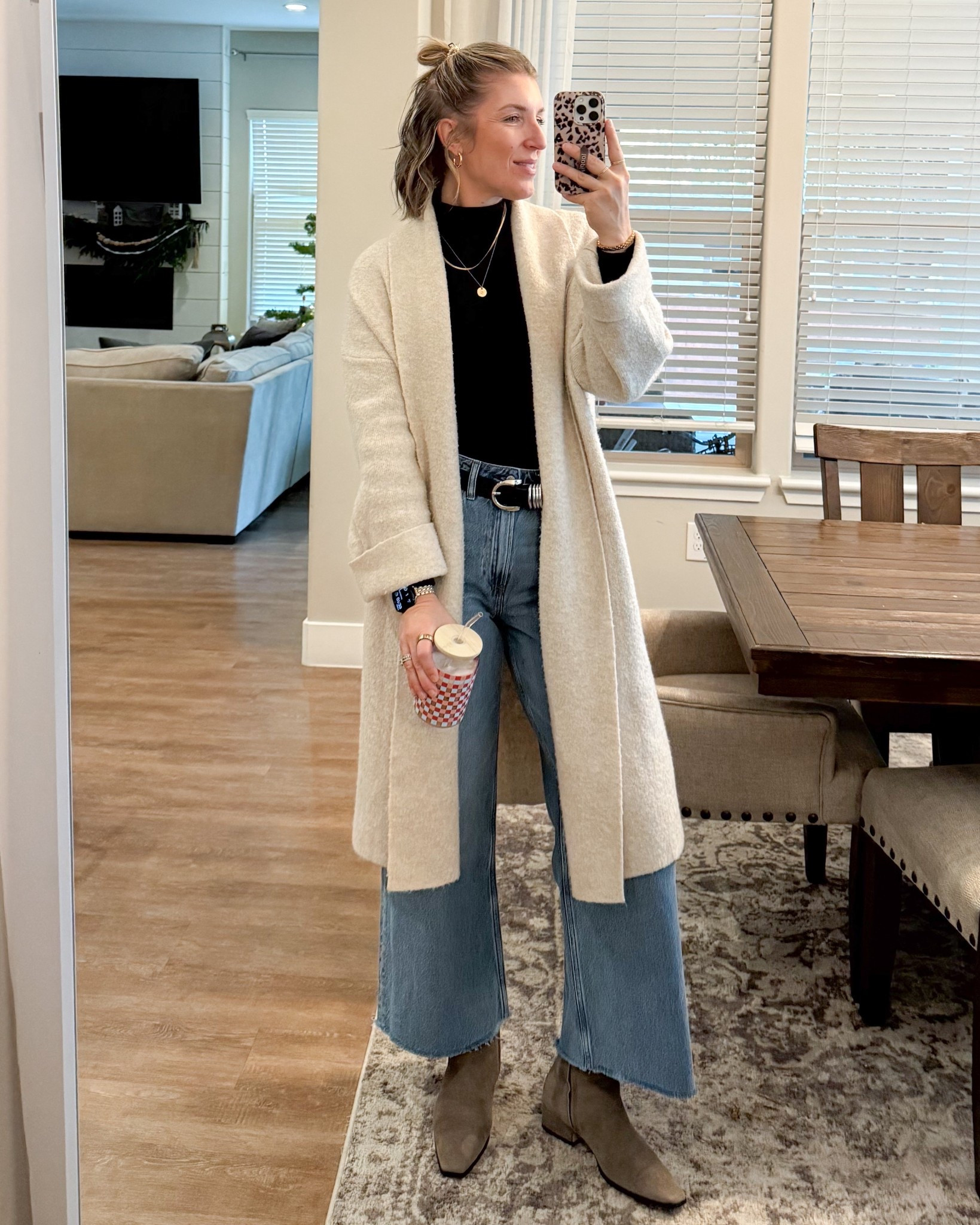 Polished casual winter work outfit, boots are great because they have a low heel!!!