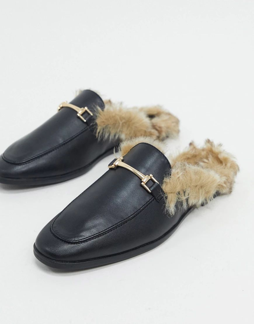 ASOS DESIGN backless mule loafer in black faux leather with faux fur | ASOS (Global)